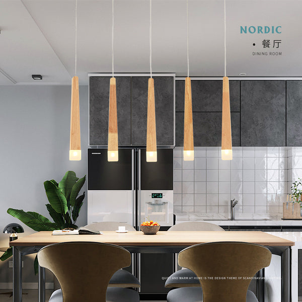 創意LED實木餐廳燈簡約現代設計師酒吧台咖啡廳原木吊燈個性燈具