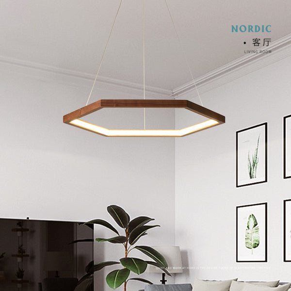 北歐簡約餐廳吊燈原木創意辦公會議室燈具多邊形木藝led家用燈