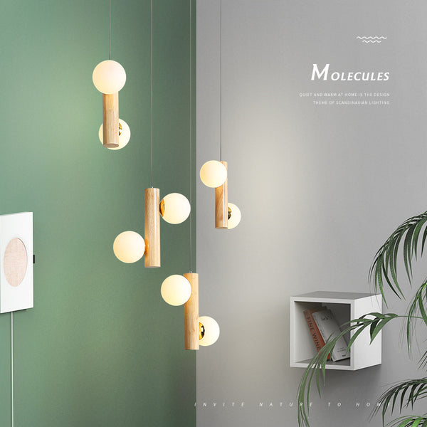 北歐餐廳吊燈簡約創意個性魔豆燈實木led吧檯燈日式飯廳玻璃燈具