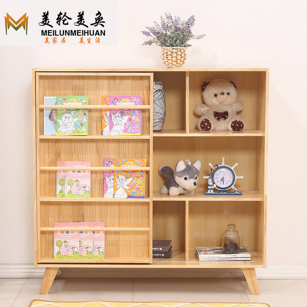 全實木創意兒童書櫃落地置物架幼兒園繪本架收納櫃可推拉簡易書架