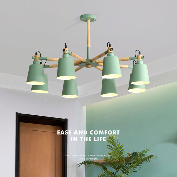 北歐現代簡約時尚客廳原木燈具創意實木吊燈8頭餐廳馬卡龍吊燈