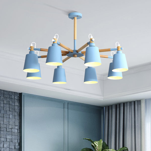 北歐現代簡約時尚客廳原木燈具創意實木吊燈8頭餐廳馬卡龍吊燈
