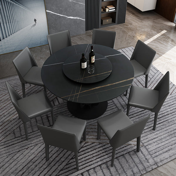 意式極簡岩板餐桌簡約現代小戶型家用8人飯桌帶轉盤圓桌椅組合