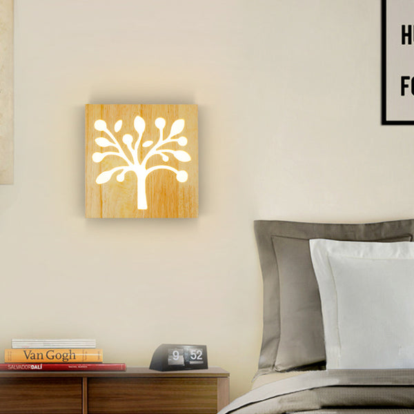 創意實木幸福樹圖案壁燈現代簡約客廳過道led臥室床頭燈日式壁燈