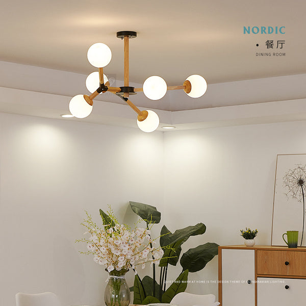 北歐燈具創意個性客廳燈現代簡約實木大氣分子燈家用原木魔豆燈