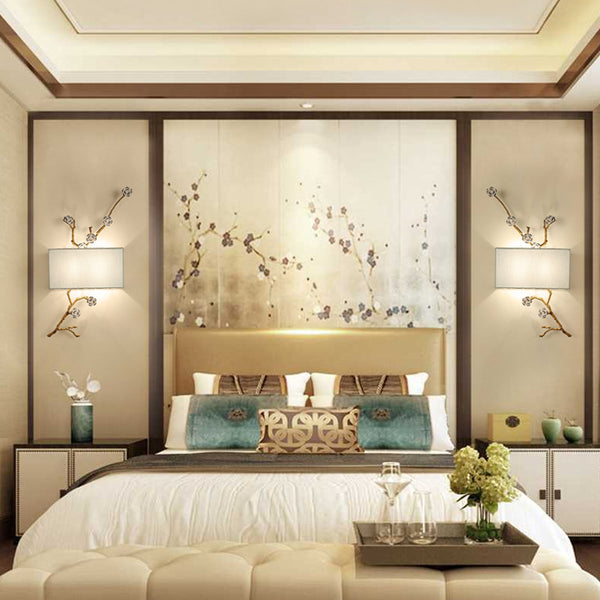新中式壁燈臥室床頭中國風客廳壁燈全銅梅花布藝復古簡約壁燈