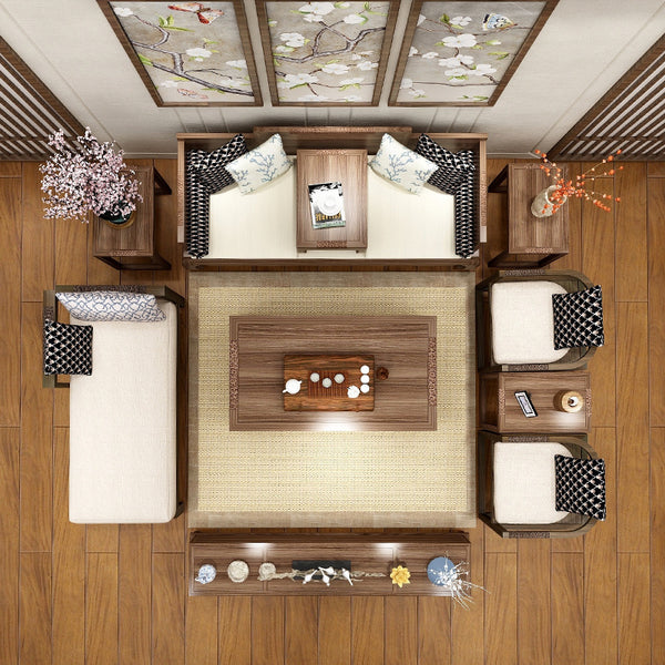 新中式沙發組合 現代禪意復古客廳家具 新古典雕花全實木布藝沙發