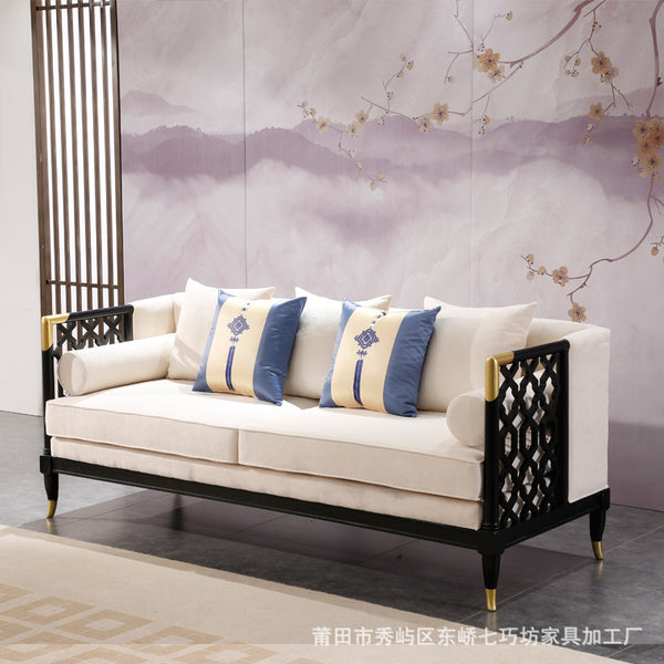 新中式布藝沙發現代簡約實木摟空沙發組合客廳樣板房酒店家具定制