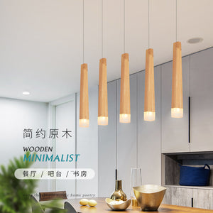 創意LED實木餐廳燈簡約現代設計師酒吧台咖啡廳原木吊燈個性燈具