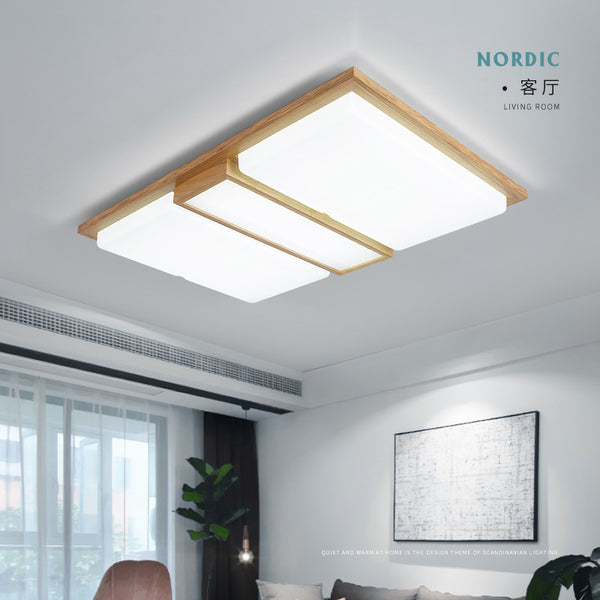 北歐原木吸頂燈 長方形現代簡約臥室燈日式LED實木燈具
