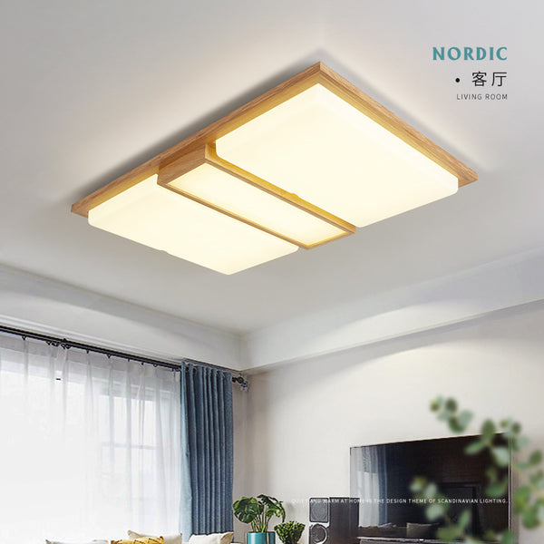 北歐原木吸頂燈 長方形現代簡約臥室燈日式LED實木燈具