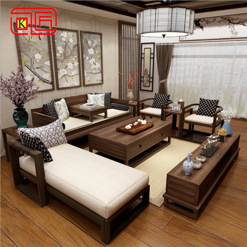 新中式沙發組合 現代禪意復古客廳家具 新古典雕花全實木布藝沙發