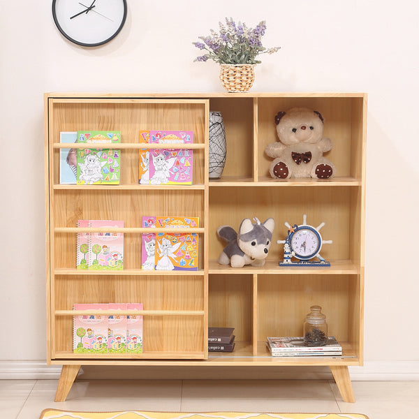 全實木創意兒童書櫃落地置物架幼兒園繪本架收納櫃可推拉簡易書架