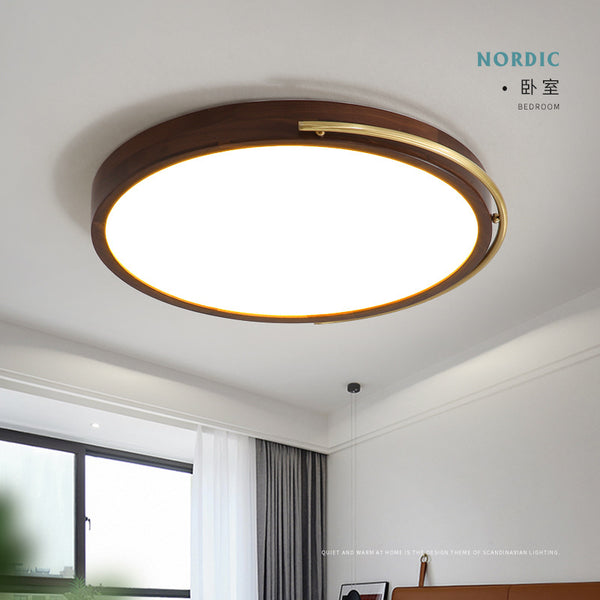 新中式臥室吸頂燈胡桃木色實木客廳書房燈簡約中式超薄圓形燈具