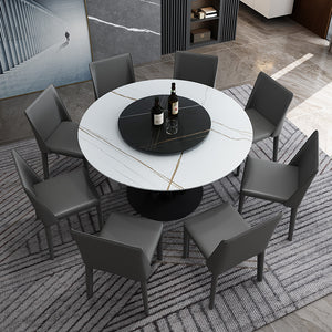 意式極簡岩板餐桌簡約現代小戶型家用8人飯桌帶轉盤圓桌椅組合