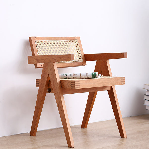 北歐創意籐編椅子單人餐椅扶手款復古風休閒椅簡約實木椅