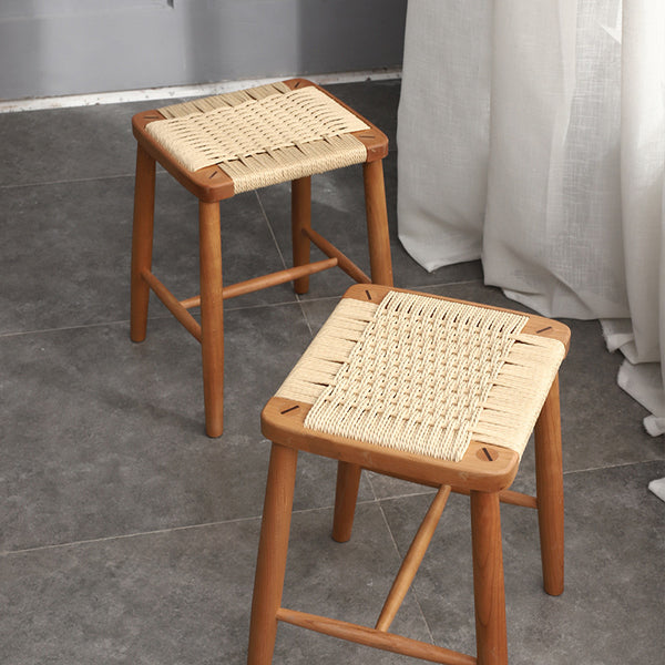 管木匠北歐編織凳日式化妝凳方凳實木凳子櫻桃木化妝凳編織餐凳
