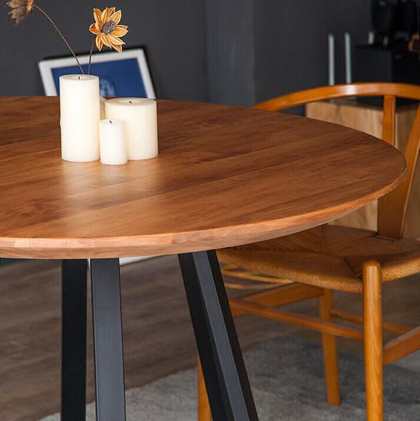 廠家批發 美式實木圓形餐桌 復古鐵藝圓桌家用吃飯糰圓餐桌椅組合 - luxhkhome