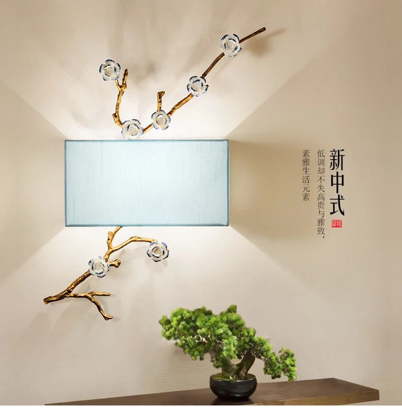新中式壁燈臥室床頭中國風客廳壁燈全銅梅花布藝復古簡約壁燈