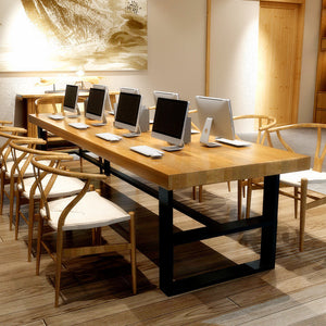 美式辦公桌實木 多用辦公桌餐桌鐵藝長方形職員會議桌電腦桌 - luxhkhome