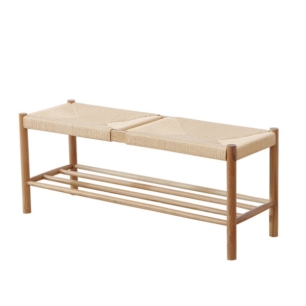 實木麻繩長條凳簡約現代白橡木換鞋凳長條餐凳家用牛皮編織床尾凳 - luxhkhome