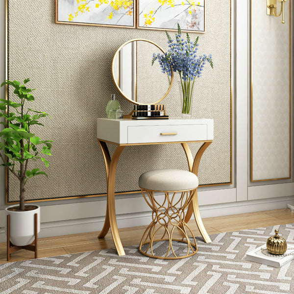 北歐小書桌金色鐵藝實木白色烤漆梳妝台 臥室梳妝台簡約現代 - luxhkhome