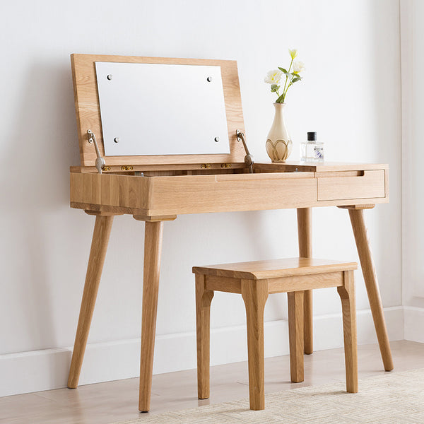 北歐梳妝台白橡木實木帶鏡子創意多功能化妝桌收納書桌電腦學習桌 - luxhkhome